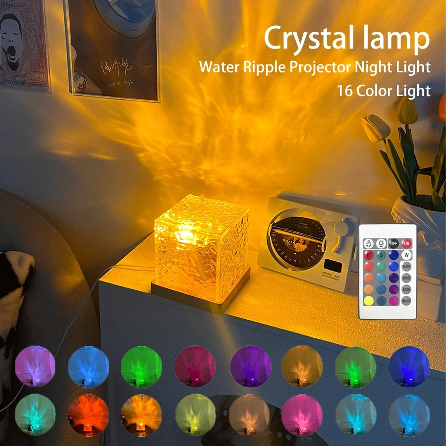 LED Water Ripple Ambient Night Light, 16 Color Gifts USB Rotating Projection Crystal